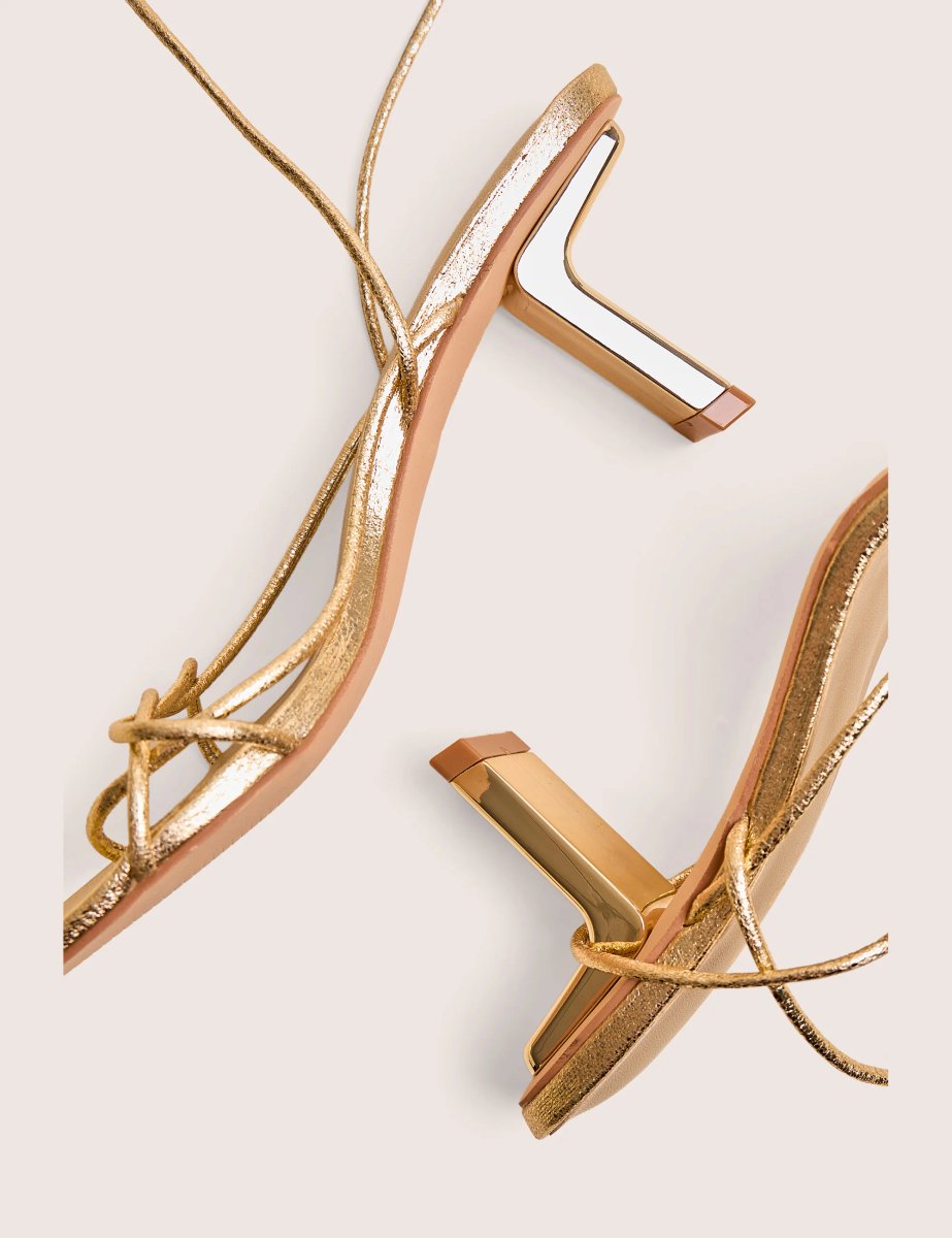 Public Desire Birdie Gold Cracked Pu Lace Up Mid Heels - 4