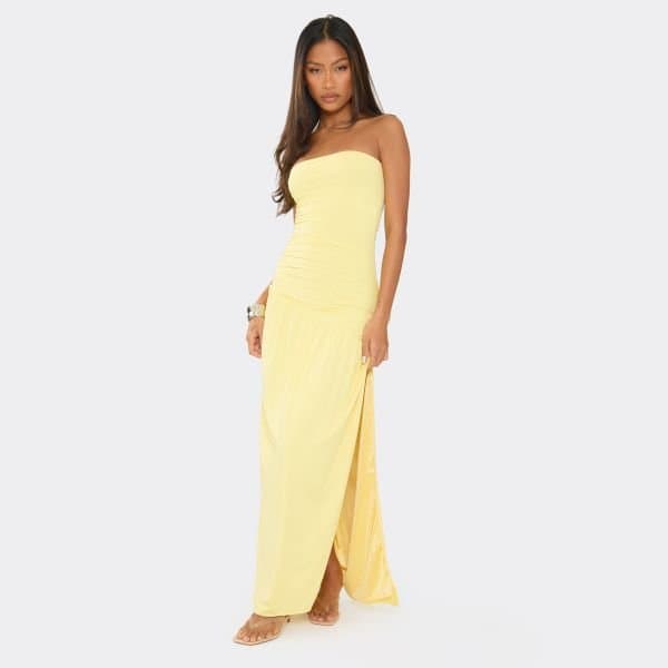 EGO Bandeau Asymmetric Hem Detail Side Split Draped Maxi Dress In Lemon Yellow, Women's Size UK Large L