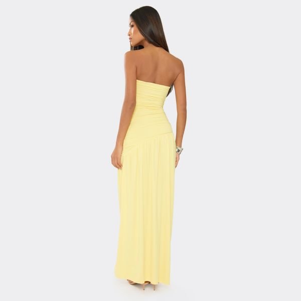 EGO Bandeau Asymmetric Hem Detail Side Split Draped Maxi Dress In Lemon Yellow, Women's Size UK Large L - 2