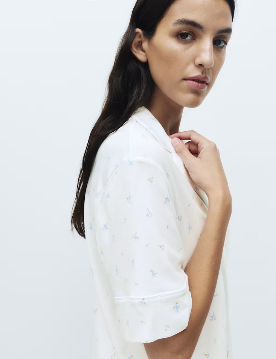 Marks & Spencer M&S Cotton Modal Printed Revere Shortie Set White Mix - 2