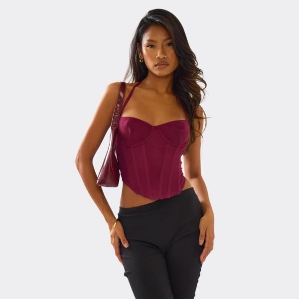 EGO Halterneck Dipped Hem Corset Top In Plum Mesh, Women's Size UK 6 - 1