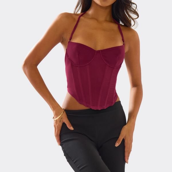 EGO Halterneck Dipped Hem Corset Top In Plum Mesh, Women's Size UK 6 - 2