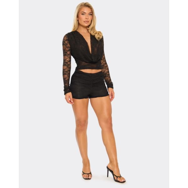 EGO Low Rise Ruched Front Detail Hot Pants In Black Lace, Women's Size UK 6 - 2