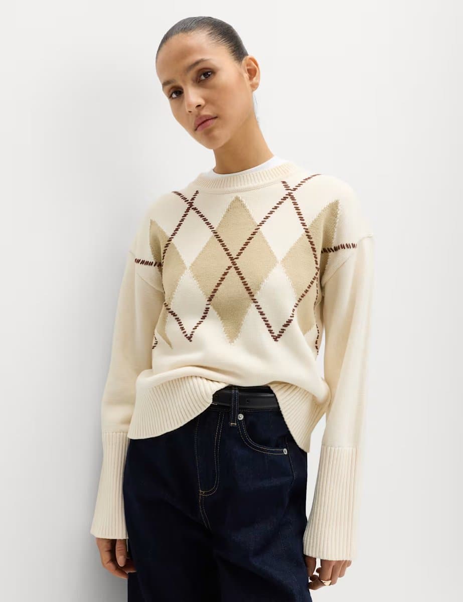 Marks & Spencer M&S Argyle Crew Neck Jumper in Vanilla