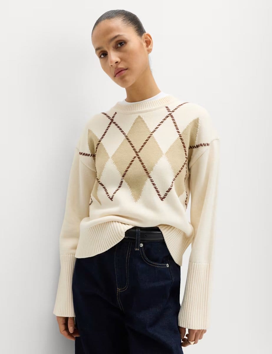 Marks & Spencer M&S Cotton Rich Argyle Crew Neck Jumper Vanilla - 1