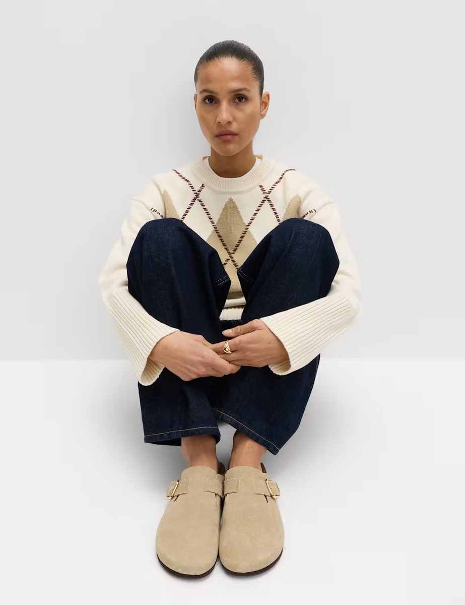 Marks & Spencer M&S Cotton Rich Argyle Crew Neck Jumper Vanilla - 4