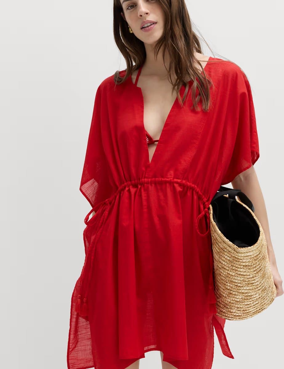 Marks & Spencer M&S Pure Cotton Tie Detail Mini Kaftan Dress in Lacquer Red