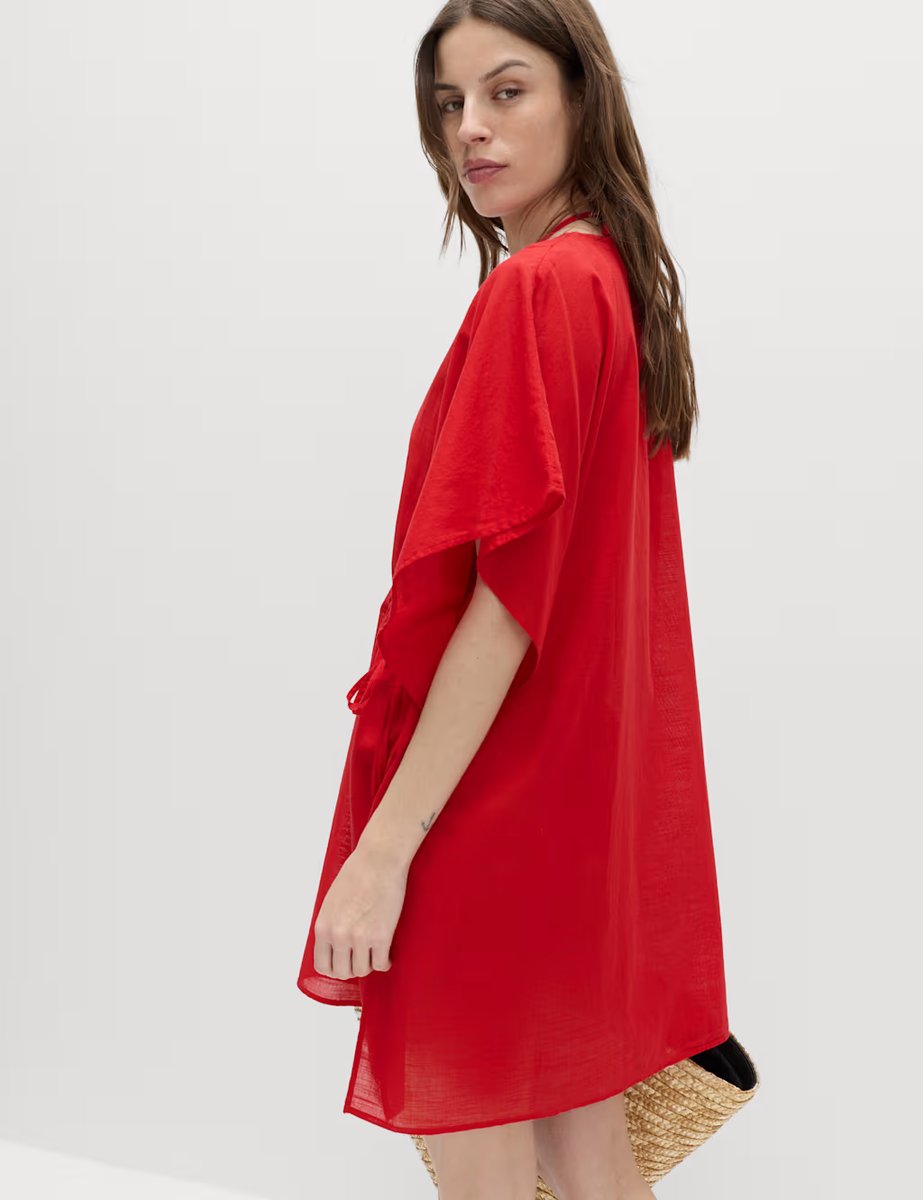 Marks & Spencer M&S Pure Cotton Tie Detail Mini Kaftan Dress Lacquer Red - 3