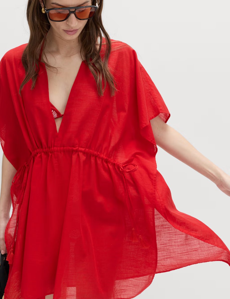 Marks & Spencer M&S Pure Cotton Tie Detail Mini Kaftan Dress Lacquer Red - 4