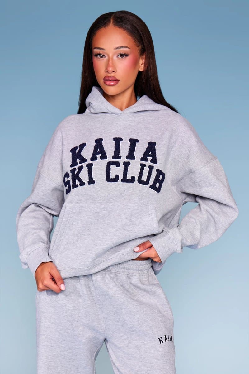 Kaiia Kaiia Borg Ski Club Oversized Hoodie Mid Grey Marl & Navy