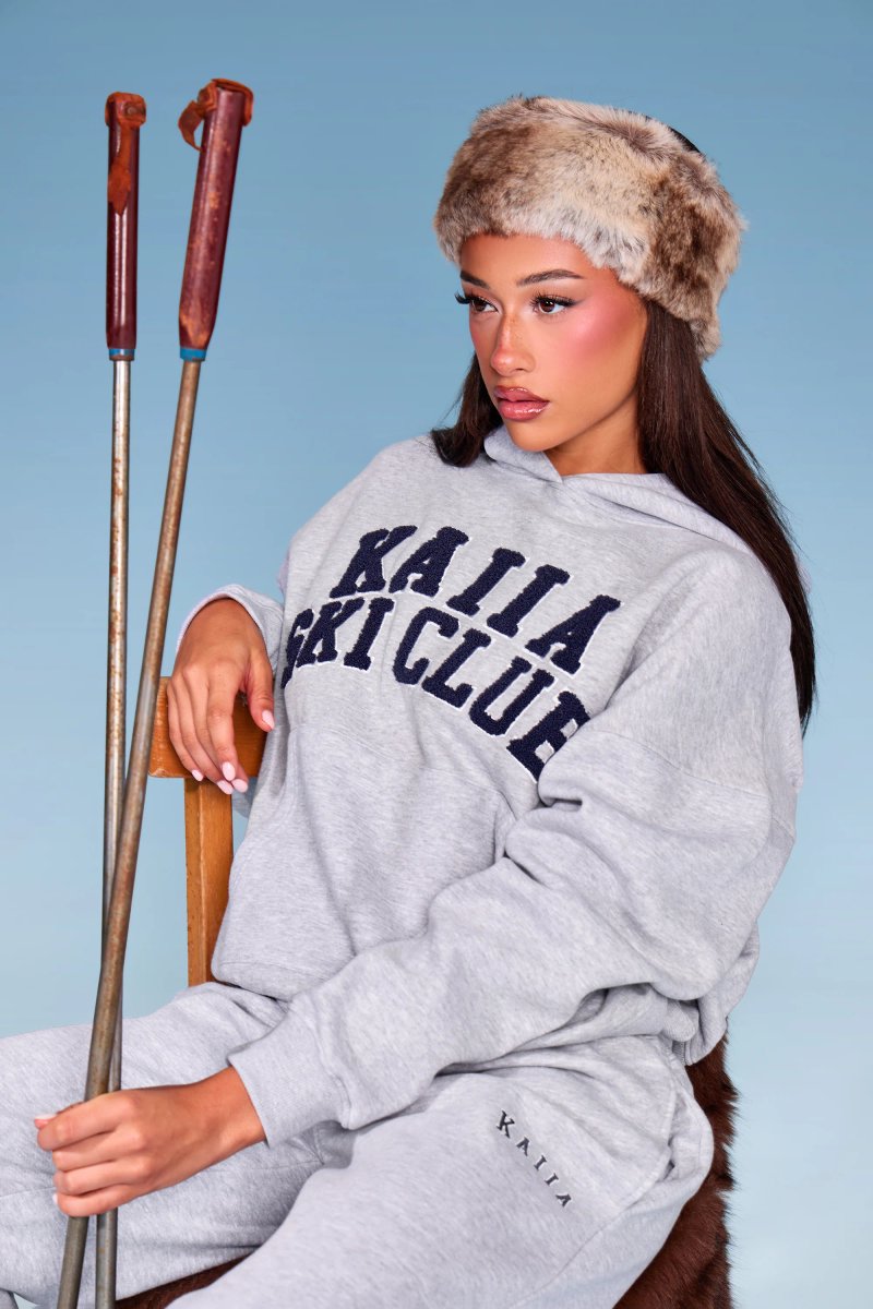Kaiia Kaiia Borg Ski Club Oversized Hoodie Mid Grey Marl & Navy - 2