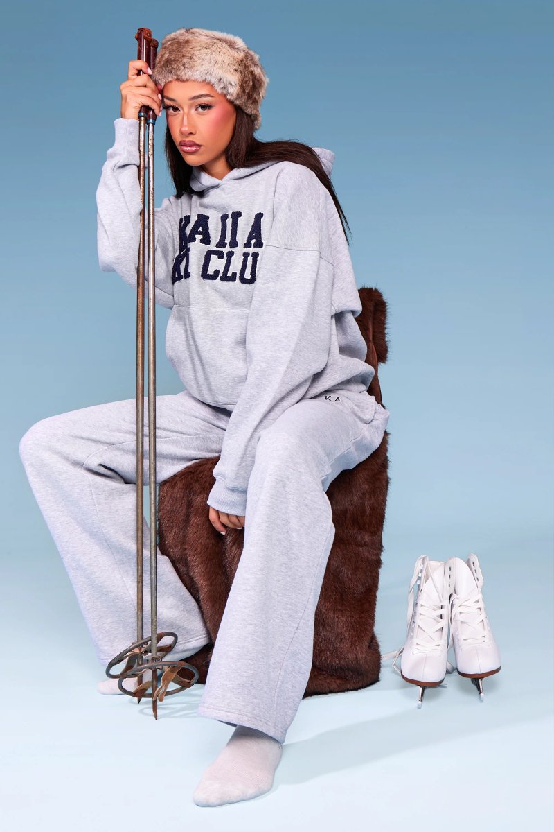 Kaiia Kaiia Borg Ski Club Oversized Hoodie Mid Grey Marl & Navy - 3