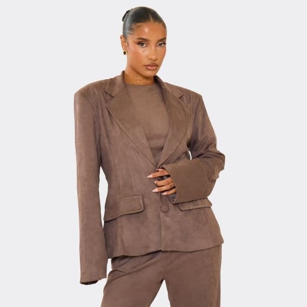 EGO Oversized Cinched Waist Blazer Jacket In Taupe Faux Suede, Women's Size UK 6 - 1
