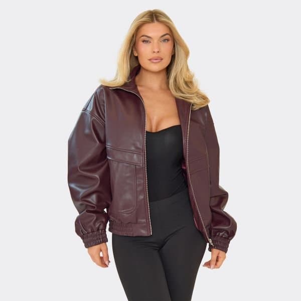 EGO Funnel Neck Oversized Biker Jacket In Burgundy Faux Leather, Women's Size UK 6