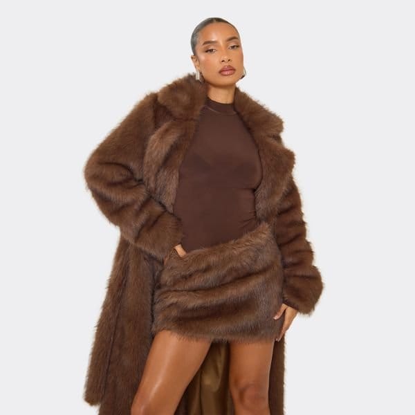 EGO Mid Rise Mini Skirt In Chocolate Brown Faux Fur, Women's Size UK 6 - 1
