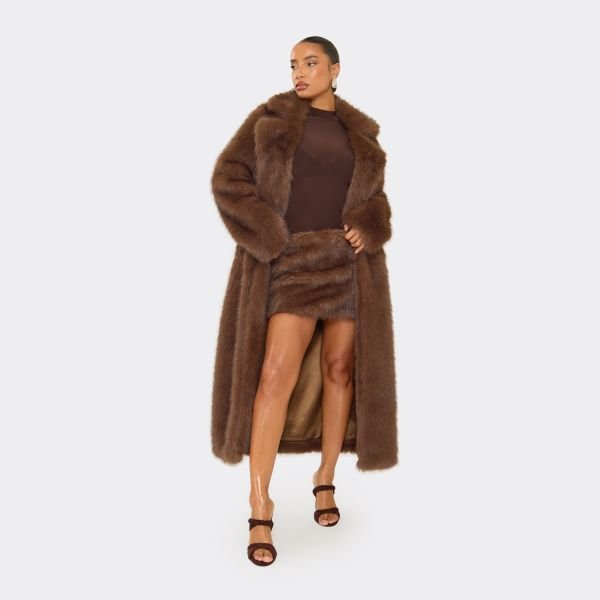 EGO Mid Rise Mini Skirt In Chocolate Brown Faux Fur, Women's Size UK 6 - 2