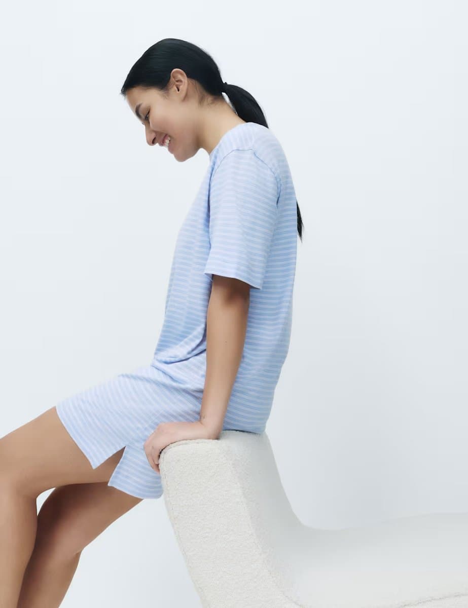 Marks & Spencer M&S Cotton Modal Striped Nightshirt Blue Mix