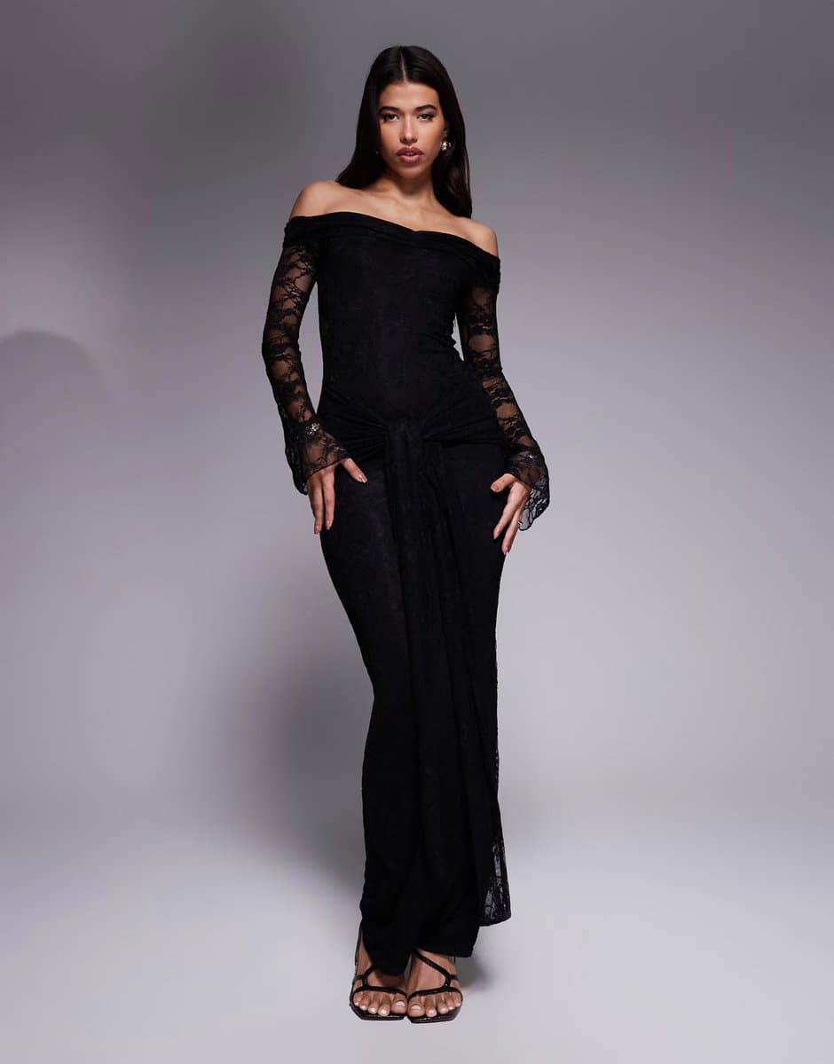 ASOS Kaiia exclusive double layered slinky lace bardot flare sleeve tie waist drape detail maxi dress in black