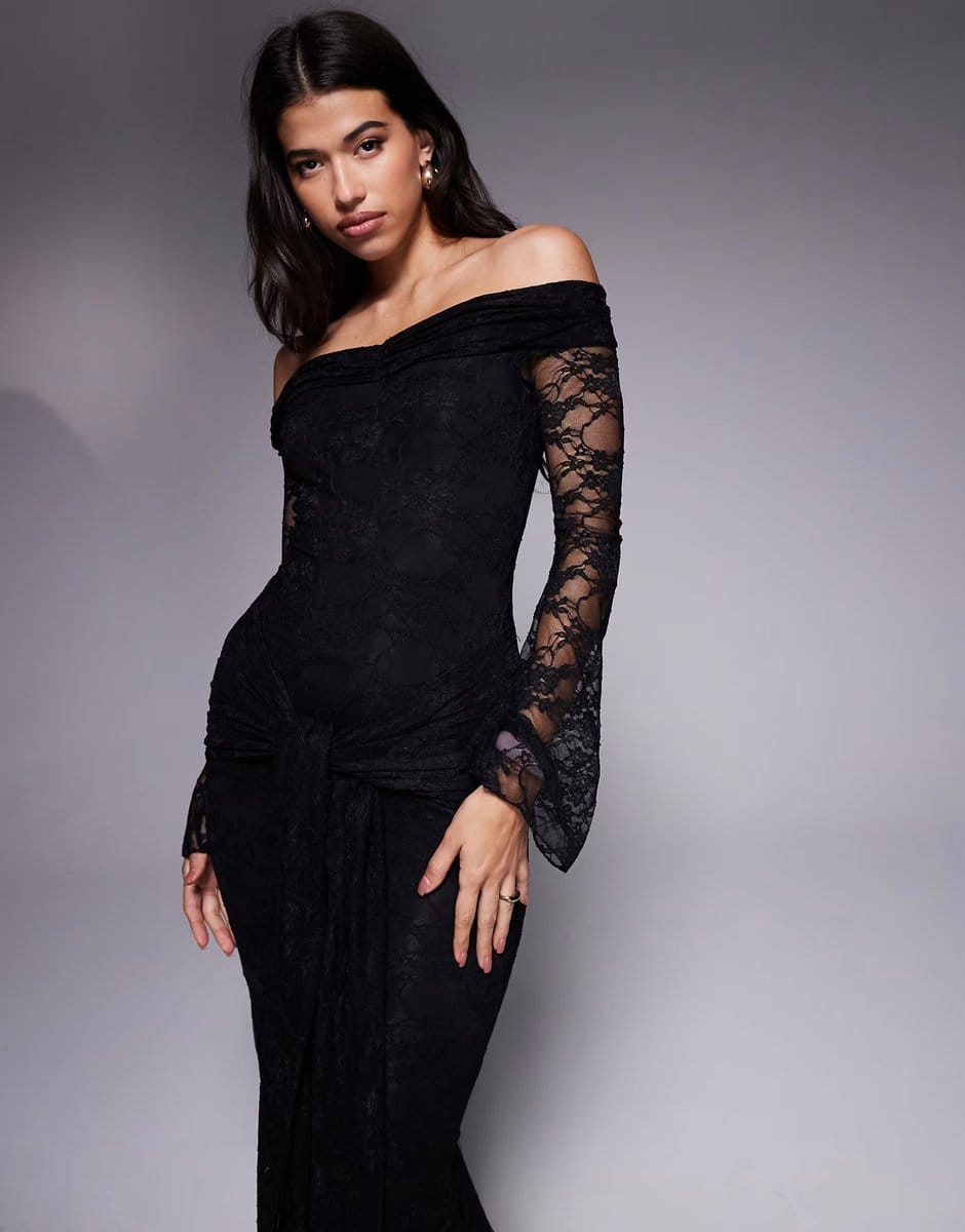 ASOS Kaiia exclusive double layered slinky lace bardot flare sleeve tie waist drape detail maxi dress in black - 4