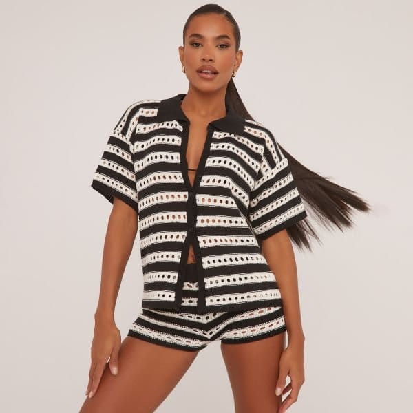 EGO Short Sleeve Shirt In Black And White Stripe Crochet Knit, Women's Size UK Large L - 1