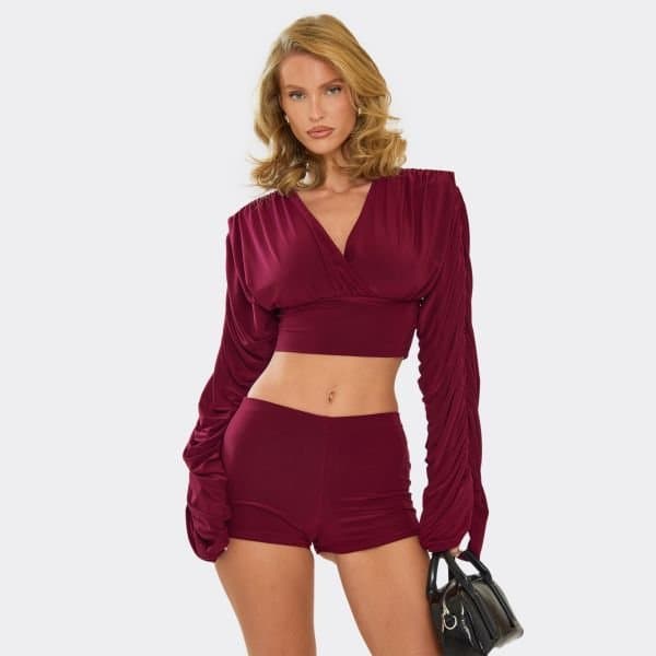 EGO EGO Ruched Sleeve V Neck Crop Top in Burgundy