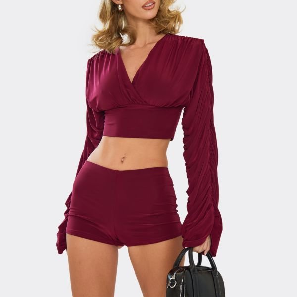 EGO Long Ruched Sleeve V Neck Crop Top In Burgundy Slinky, Women's Size UK 6 - 2