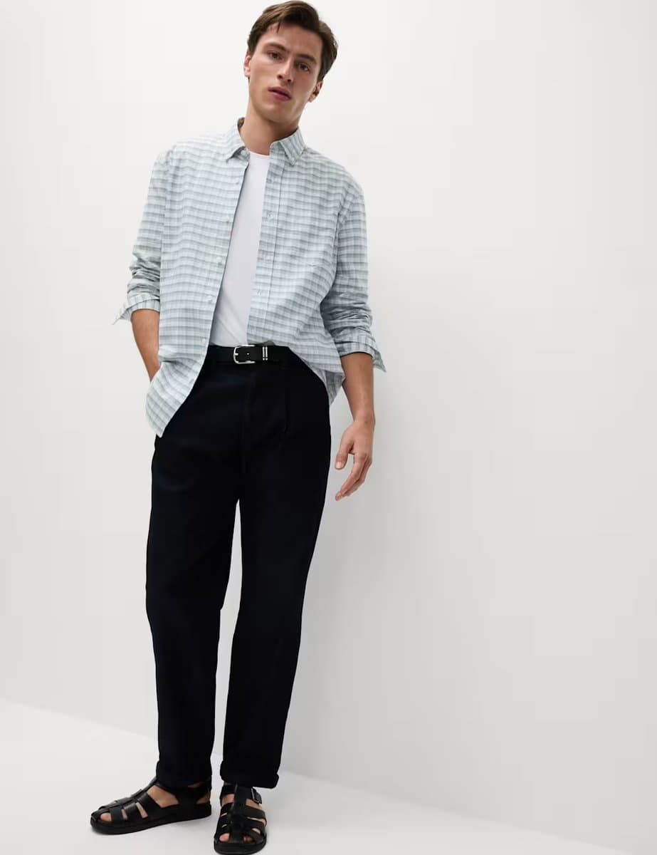 Marks & Spencer M&S Check Oxford Shirt in Green Mix