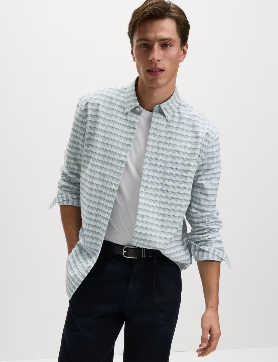 Marks & Spencer M&S Ultimate Pure Cotton Check Oxford Shirt Green Mix - 4