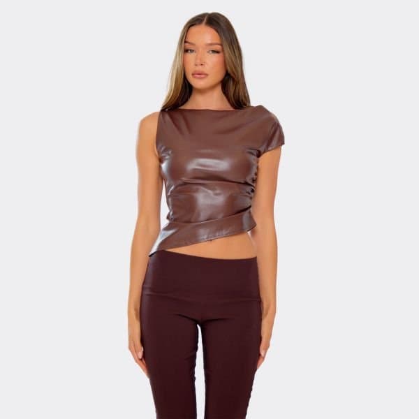 EGO One Sleeve Asymmetric Top In Chocolate Brown Faux Leather, Women's Size UK Medium M