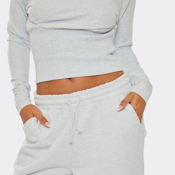 EGO Mid Rise Drawstring Waist Wide Leg Joggers In Light Grey Marl, Women's Size UK 4 - 2
