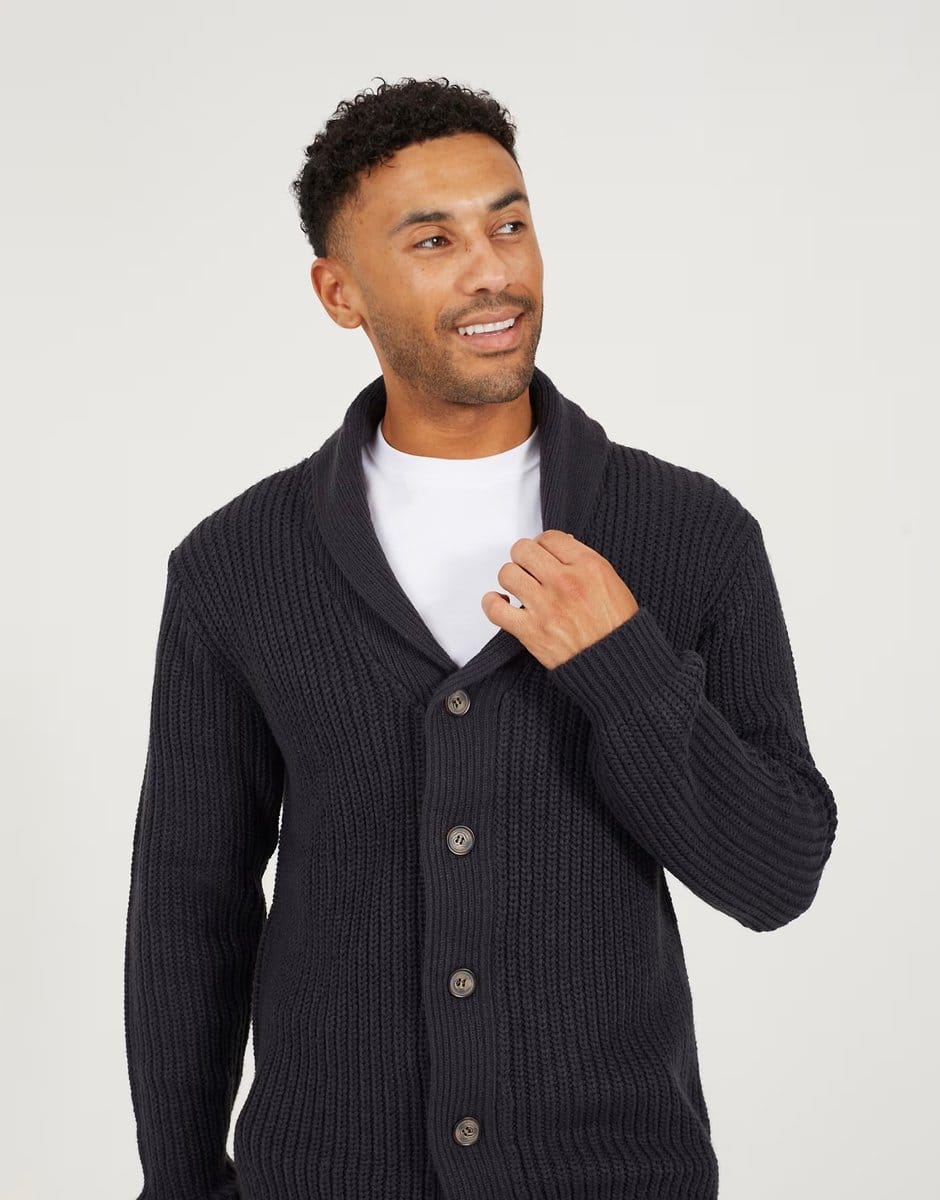 ASOS Brave Soul Shawl neck chunky knit cardigan in navy - 4