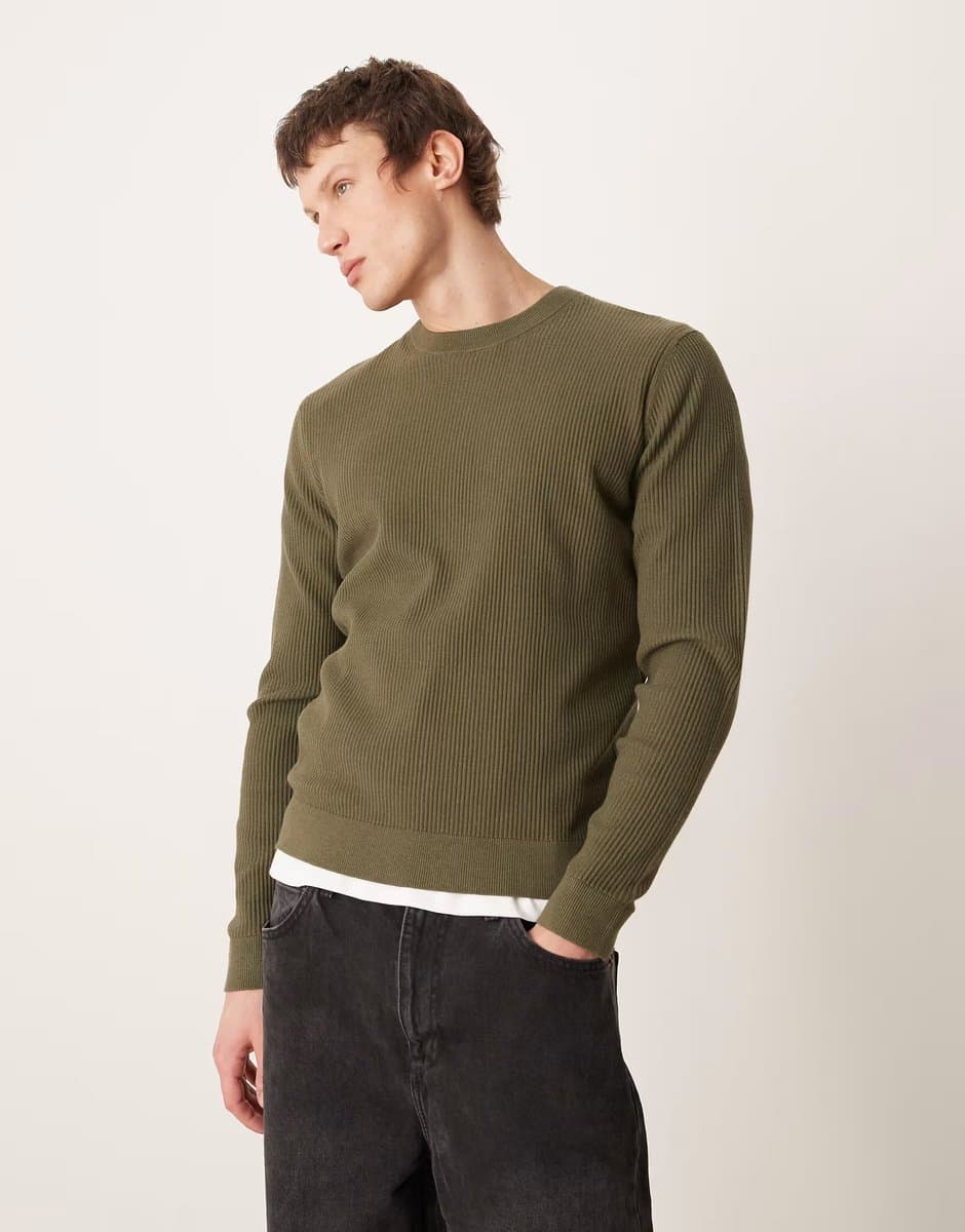 ASOS Mango cotton mix crew neck jumper in khaki