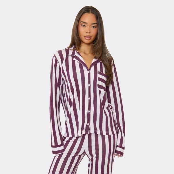 EGO Long Sleeve Pyjama Shirt In Purple Stripe, Women's Size UK 6