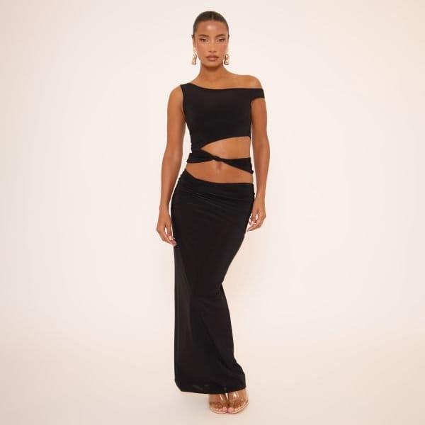 EGO Mid Rise Ruched Detail Maxi Skirt In Black, Women's Size UK 12 - 1
