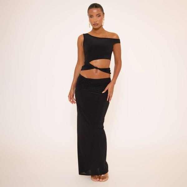 EGO Mid Rise Ruched Detail Maxi Skirt In Black, Women's Size UK 12 - 2