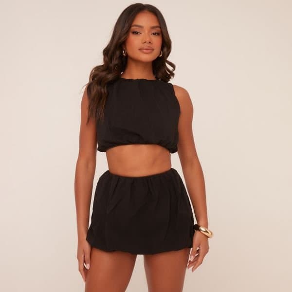 EGO Sleeveless Crop Top And High Waist Puffball Mini Skirt Co-Ord Set In Black, Women's Size UK 10
