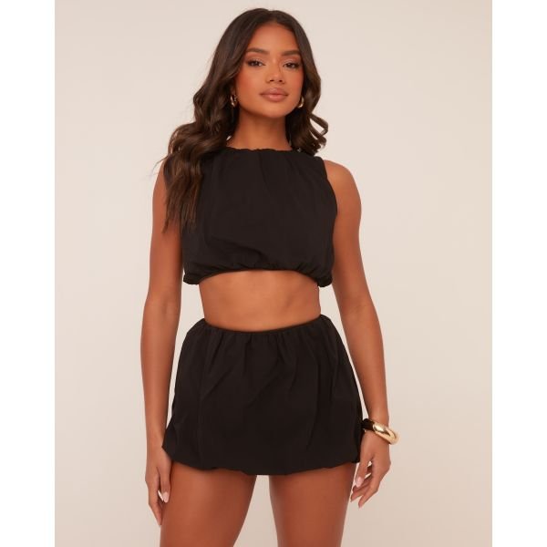 EGO Sleeveless Crop Top And High Waist Puffball Mini Skirt Co-Ord Set In Black, Women's Size UK 10 - 2