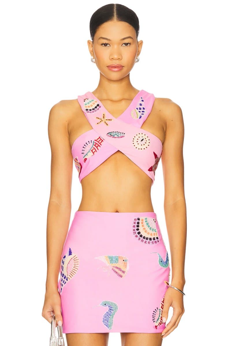 revolve Revolve Hand Beaded Cutout Crop Top in Pink