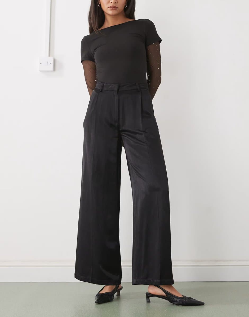 ASOS ASOS Monki Satin Wide Leg Tailored Trousers in Black