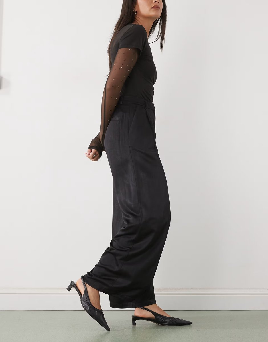 ASOS Monki satin wide leg tailored trousers in black - 3