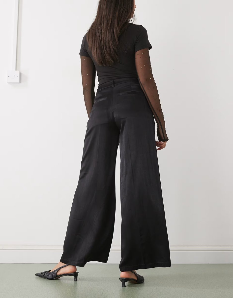 ASOS Monki satin wide leg tailored trousers in black - 4