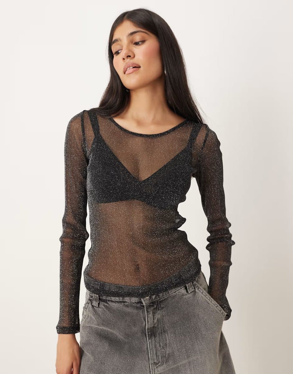 ASOS JJXX long sleeve glitter mesh top in black