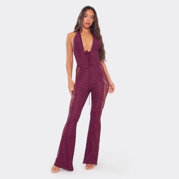 EGO Plunge Neck Lace Up Corset Detail Jumpsuit In Burgundy, Women's Size UK 4 - 1