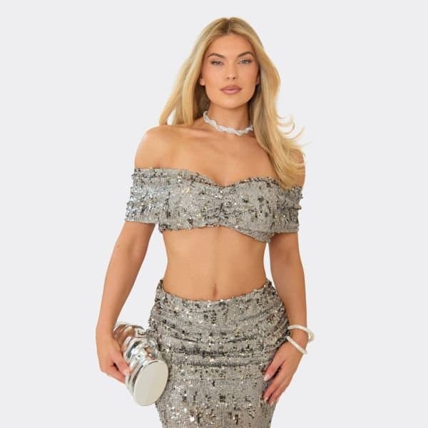 EGO Bardot Ruched Detail Crop Top In Taupe Sequin, Women's Size UK 6
