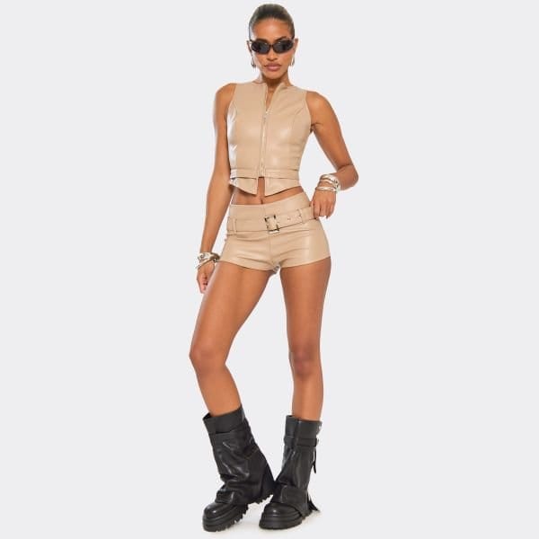 EGO Mid Rise Belted Hot Pant Shorts In Brown Faux Leather, Women's Size UK 14 - 1