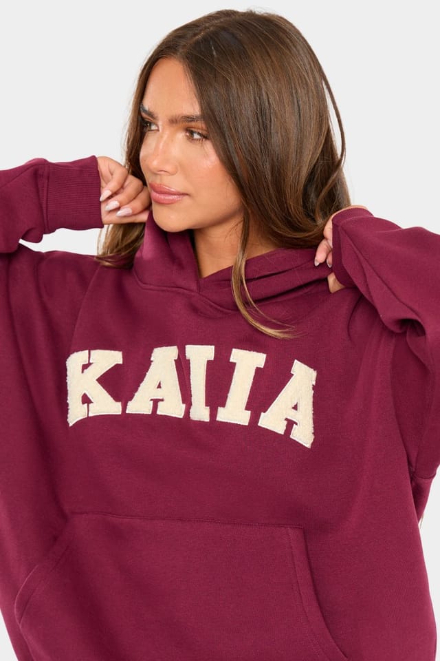 Kaiia Kaiia Borg Slogan Oversized Hoodie Burgundy & Cream - 2