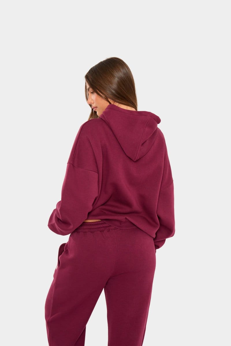 Kaiia Kaiia Borg Slogan Oversized Hoodie Burgundy & Cream - 4