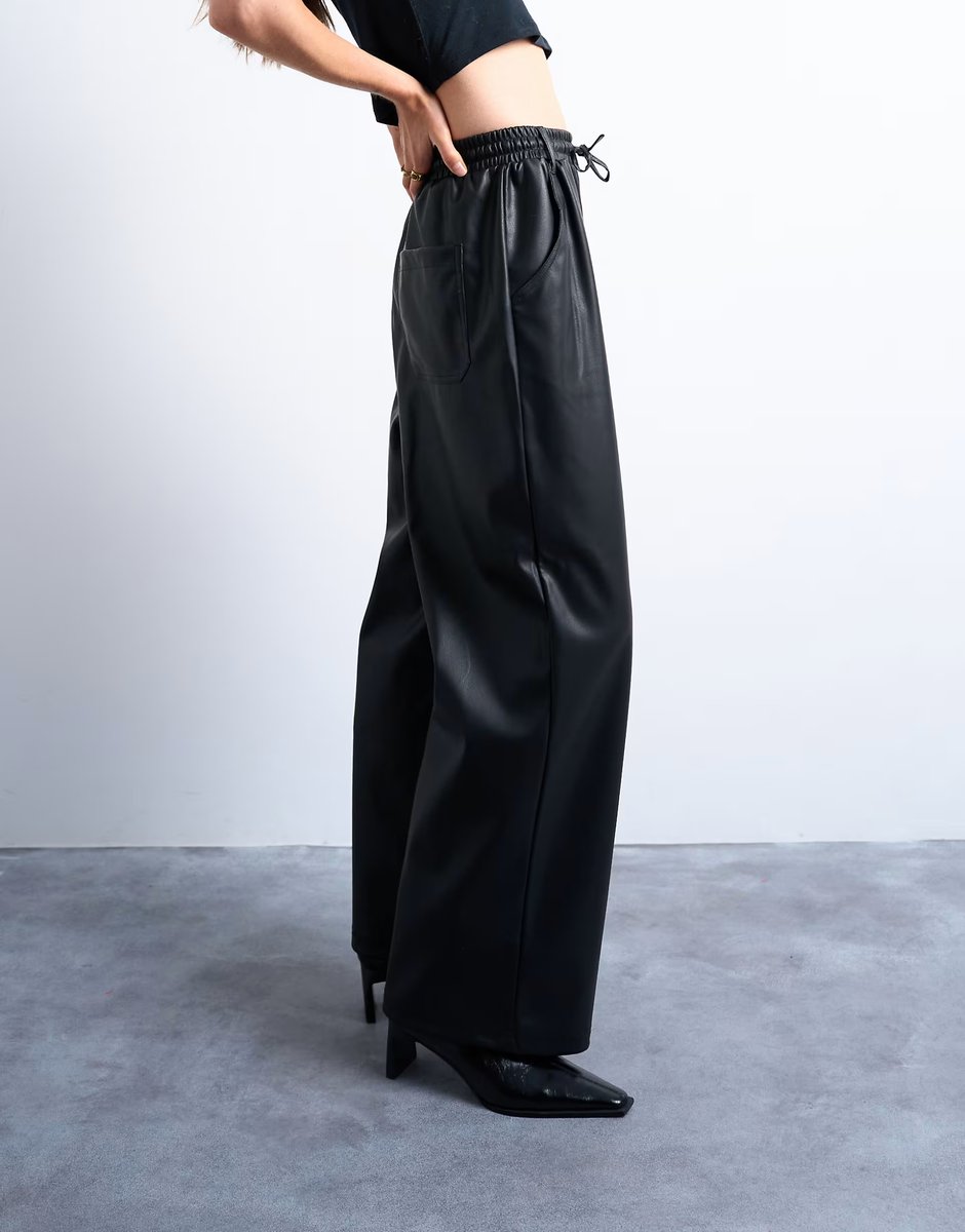 ASOS Topshop drawstring pull on faux leather straight leg trouser in black - 3