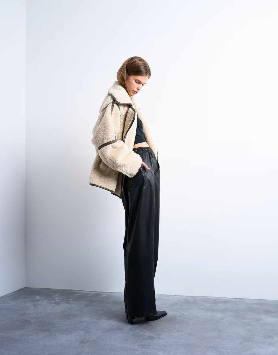 ASOS Topshop drawstring pull on faux leather straight leg trouser in black - 4