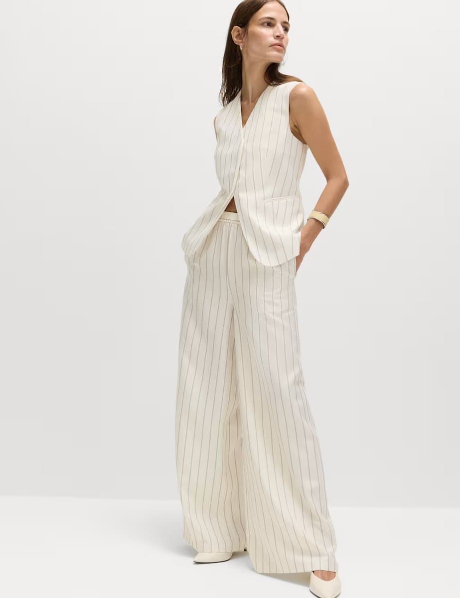 Marks & Spencer M&S Pinstripe Wide Leg Trousers in Ivory Mix